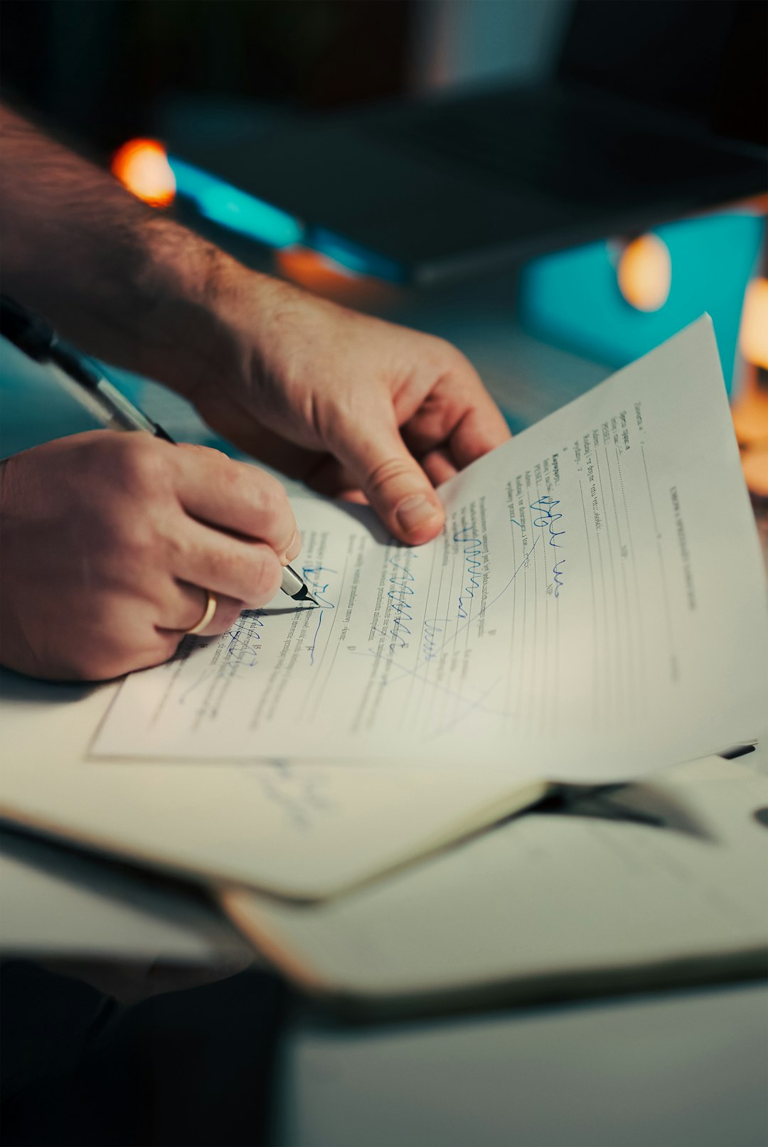 Hands Signing Car Sale Agreement Document. Close-up male hands filling and signing vehicle transaction